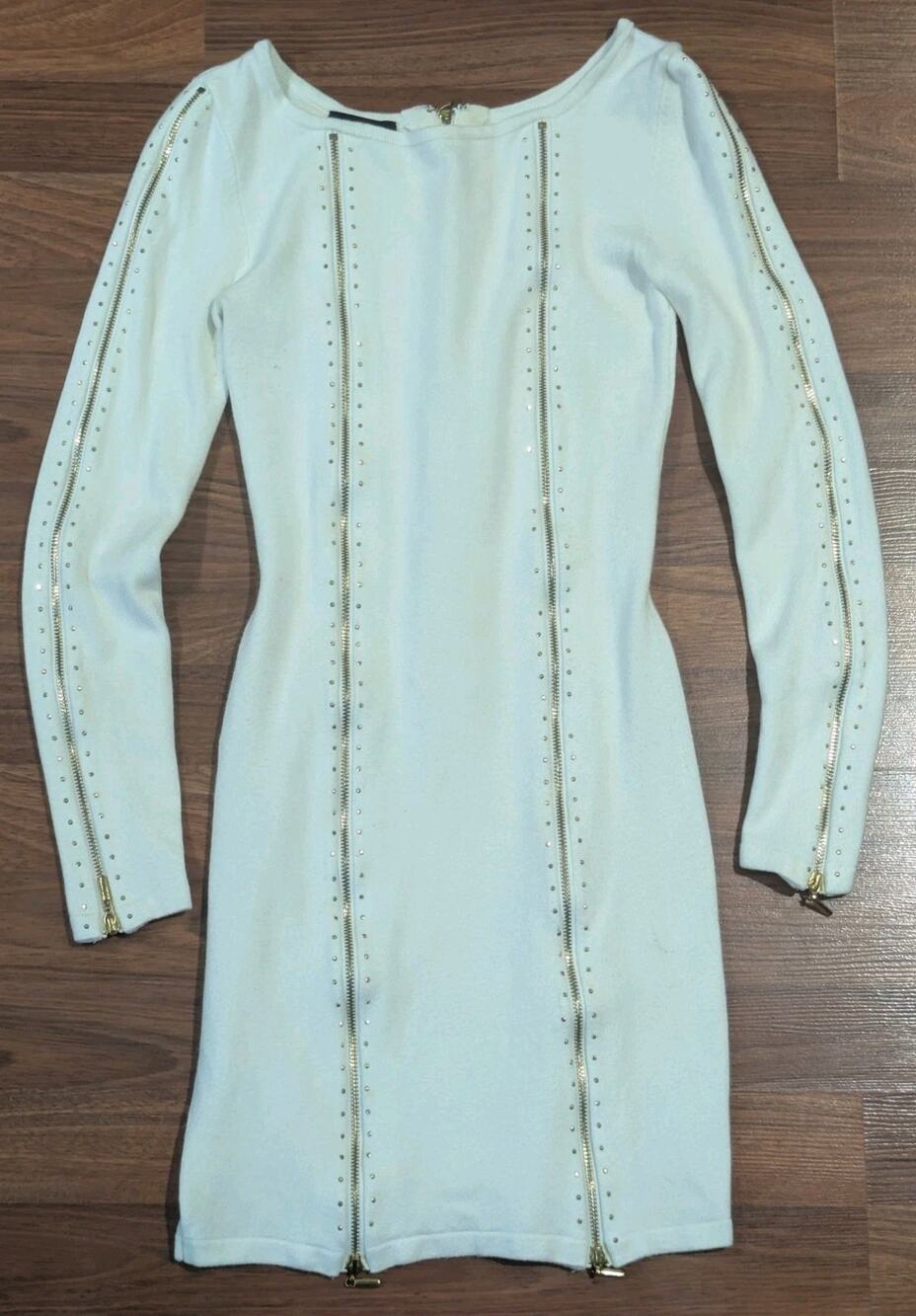Bebe XS White Bodycon Dress Gold Zipper Rhinestone Stud Y2K Long Sleeve